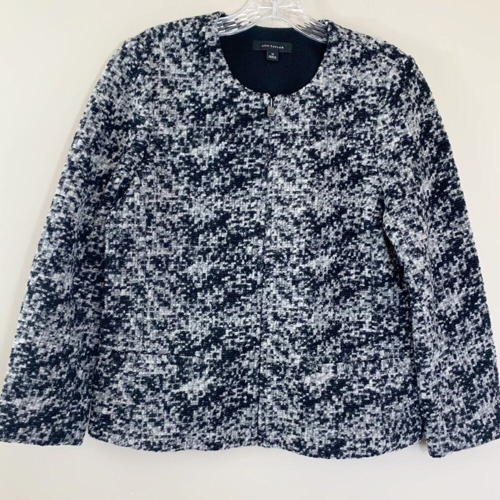 Ann Taylor Black Marled Wool Blend Zip-Up Blazer